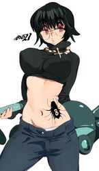  1girl absurdres artist_name black_hair black_pants black_sweater breasts cowboy_shot cropped_sweater glasses highres holding hunter_x_hunter large_breasts looking_at_viewer midriff navel pants parted_lips shizuku_(hunter_x_hunter) short_hair solo spider_tattoo sweater tattoo turtleneck vacuum_cleaner violet_eyes whoopsatro 