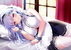  1girl anchor_ornament apron azur_lane bangs black_hairband black_skirt blurry blurry_background breasts center_frills clothing_cutout commentary_request depth_of_field dido_(azur_lane) eyebrows_visible_through_hair frilled_shirt frills hairband hand_up head_on_pillow indoors large_breasts long_hair looking_at_viewer lying on_bed on_side pillow pontaro18 shirt skirt sleeveless sleeveless_shirt solo thigh-highs under_boob underboob_cutout violet_eyes waist_apron white_apron white_legwear white_shirt wrist_cuffs zettai_ryouiki 