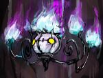  absurdres animal_focus blank_eyes blue_fire brown_background chandelier chandelure commentary fire floating full_body ghost highres my700 no_humans pokemon pokemon_(creature) purple_fire simple_background sketch solo yellow_eyes 