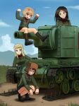  4girls :o absurdres anger_vein angry bangs black_footwear black_legwear black_skirt blue_sky brown_headwear chance8000 chinese_commentary clara_(girls_und_panzer) closed_eyes closed_mouth clouds cloudy_sky commentary day fang frown fur_hat girls_und_panzer grass green_jacket ground_vehicle hat highres jacket katyusha_(girls_und_panzer) kv-2 loafers long_hair long_sleeves looking_at_another military military_vehicle miniskirt motor_vehicle multiple_girls nina_(girls_und_panzer) nonna_(girls_und_panzer) open_mouth outdoors pleated_skirt pravda_school_uniform raised_fists red_shirt school_uniform shadow shirt shoes short_hair sitting skirt sky smile socks squatting standing t_t tank turtleneck ushanka 