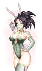  1girl absurdres akali alternate_costume animal_ears area_52 arm_behind_head arm_tattoo black_hair breasts choker covered_navel cowboy_shot green_legwear groin hand_on_hip highres league_of_legends mask medium_breasts mouth_mask mouth_veil parted_lips playboy_bunny ponytail rabbit_ears rabbit_tail red_eyes ribbon_choker shoulder_tattoo solo tail tattoo thigh-highs thighs 