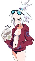  1girl absurdres bikini bikini_under_clothes blue_eyes cowboy_shot eyewear_on_head freckles hand_in_pocket highres jacket navel open_mouth pokemon pokemon_(game) pokemon_bw2 red_jacket roxie_(pokemon) simple_background solo swimsuit white_background whoopsatro 