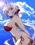  1girl ahoge ass bangs bare_shoulders bikini blush breasts clouds grin hair_ornament hair_scrunchie highres large_breasts long_hair looking_at_viewer low_twintails red_bikini scrunchie senki_zesshou_symphogear side-tie_bikini silver_hair sky smile solo string_bikini swimsuit tanashi_(mk2) twintails very_long_hair violet_eyes yukine_chris 