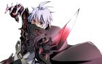  1boy ahoge black_suit cape claw_pose demon_boy fighting_stance gloves looking_at_viewer mask red_eyes sword white_hair 