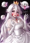  1girl blush boo_(mario) breasts dress elbow_gloves ghost gloves h halloween hands_up highres lace lace_trim long_hair nintendo pale_skin pink_eyes pink_lips princess princess_king_boo simple_background super_crown teeth tongue tongue_out turn_pale white_dress white_gloves white_hair yanting_sun 