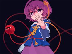  1girl black_background black_hairband blouse blue_blouse buttons eyeball eyebrows_visible_through_hair frilled_shirt_collar frills hair_ornament hairband heart heart_hair_ornament komeiji_satori long_sleeves looking_at_viewer outstretched_arm outstretched_hand purple_hair purple_skirt short_hair simple_background skirt solo touhou violet_eyes wavy_hair wide_sleeves you_taira 