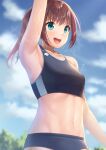  1girl :d absurdres arm_up armpits bangs blue_eyes blurry blush breasts breath brown_hair collarbone day depth_of_field dripping high_ponytail highres long_hair looking_away navel open_mouth original outdoors ponytail sidelocks small_breasts smile solo sports_bikini sports_bra standing sweat tsunenorip upper_body 