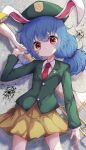  1girl animal_ears blue_hair blush buttons closed_mouth crescent crescent_pin eyebrows_visible_through_hair green_headwear hair_between_eyes highres kayon_(touzoku) long_hair long_sleeves necktie rabbit_ears red_eyes red_neckwear seiran_(touhou) skirt smile solo touhou touhou_lost_word yellow_skirt 