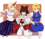  3girls aasamu alice_margatroid ascot bangs blonde_hair bloomers blue_dress blue_eyes blue_skirt bow breasts closed_mouth commentary_request cookie_(touhou) cuffs detached_sleeves dress error feet_out_of_frame fist_in_hand frilled_bow frilled_dress frilled_hair_tubes frilled_hairband frilled_legwear frilled_neckwear frilled_sash frilled_shirt_collar frills grin hair_bow hair_tubes hairband hakurei_reimu highres horns hoshiguma_yuugi kanna_(cookie) long_hair looking_at_viewer medium_breasts multiple_girls necktie open_mouth orange_background osanai_(cookie) pink_necktie pink_sash red_bow red_hairband red_shirt red_skirt ribbon-trimmed_sleeves ribbon_trim sakuranbou_(cookie) sash shackles shirt short_hair showgirl_skirt single_horn skirt sleeveless sleeveless_dress smile socks striped striped_skirt touhou two-tone_background underwear vertical-striped_skirt vertical_stripes white_background white_shirt white_sleeves yellow_ascot yellow_bow 