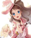  1girl antenna_hair blue_eyes blush breasts brown_hair collarbone commentary_request dress eyelashes hands_up hat highres hilda_(pokemon) holding_hands long_hair long_sleeves looking_at_viewer lower_teeth nail_polish official_alternate_costume open_mouth pink_dress pink_headwear pink_nails pokemon pokemon_(game) pokemon_masters_ex ponytail pov rpp_pic sidelocks teeth tongue white_background 