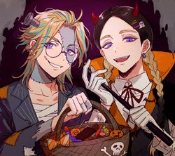  2boys bandages basket baton black_hair black_jacket blonde_hair blue_hair braid candy demon_boy demon_horns earrings food glasses gloves grin hair_ornament hairpin haitani_ran haitani_rindou halloween_costume highres holding holding_basket holding_weapon horns inmate081486 jacket jewelry long_hair long_sleeves looking_at_viewer male_focus medium_hair multiple_boys purple_background round_eyewear screw_in_head single_earring smile tokyo_revengers twin_braids upper_body violet_eyes weapon white_gloves 