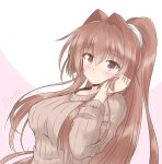  1girl beige_sweater blush brown_eyes brown_hair icesherbet kantai_collection long_hair looking_at_viewer official_alternate_costume ponytail ribbed_sweater smile solo split_mouth sweater upper_body yamato_(kancolle) 