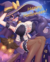  1girl @_@ breasts broom broom_riding halloween hat hex_maniac_(pokemon) highres huge_breasts inktober long_hair messy_hair mud_(artist) pokemon solo very_long_hair witch witch_hat 