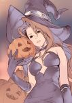  1girl breasts brown_hair choker deneb_rove dress food gloves halloween hat hat_belt highres holding holding_food holding_pumpkin holding_vegetable jack-o&#039;-lantern kotatsu_(g-rough) long_hair looking_at_viewer medium_breasts parted_lips pumpkin purple_choker purple_dress purple_gloves purple_headwear smile solo tactics_ogre upper_body vegetable witch_hat 