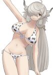  1girl absurdres ahoge animal_ears animal_print arm_up bangs bare_arms bare_shoulders bikini breasts brown_eyes cow_print front-tie_bikini front-tie_top grey_hair groin hair_over_one_eye highres horns huge_breasts kemono_friends leaning_to_the_side long_hair looking_at_viewer low_twintails navel one_eye_covered print_bikini side-tie_bikini simple_background solo stomach swimsuit thigh_gap twintails very_long_hair white_background yak_(kemono_friends) zuchi00 