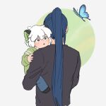  2boys animal_ears black_shirt blue_butterfly blue_hair blue_pants bug butterfly carrying cat_boy cat_ears child eyebrows_visible_through_hair green_shirt highres long_hair long_sleeves luoxiaohei multiple_boys pants ponytail shirt short_hair the_legend_of_luo_xiaohei upper_body white_hair wuxian_(the_legend_of_luoxiaohei) xiaomew_m 