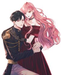  1boy 1girl bangs bare_shoulders black_hair blue_eyes blunt_bangs collarbone couple dress earrings gloves highres hug jewelry lace-trimmed_collar lace-trimmed_gloves lace_trim long_hair looking_at_viewer off_shoulder original pink_eyes pink_hair prince red_dress ruby_(gemstone) strapless strapless_dress swept_bangs wavy_hair white_background yoriwang8990 