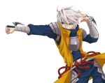  1boy ahoge armor bandages belt blue_eyes blue_suit breastplate looking_to_the_side mini_fighter ninja official_art parted_lips punching ryusei_(mini_fighter) white_hair wrist_blades yellow_vest 