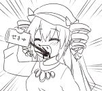  1girl can closed_eyes dress drill_hair drinking emphasis_lines hair_ribbon happy jeno jewelry keffiyeh monochrome oil open_mouth pendant ribbon short_hair solo touhou translated twin_drills yorigami_jo&#039;on 