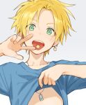  1boy bangs blonde_hair blue_shirt candy clothes_lift dog_tags ear_piercing food green_eyes grey_background hair_between_eyes jewelry lifted_by_self looking_at_viewer male_focus open_mouth original piercing pillow_(nutsfool) portrait shirt shirt_lift simple_background solo spiky_hair tongue w 