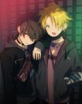  2boys arm_on_shoulder bag bandaid bandaid_on_neck bangs black_choker blonde_hair brown_hair choker clothes_writing cross cross_necklace ear_piercing green_eyes hair_between_eyes hand_in_pocket highres hood hood_down hooded_jacket jacket jewelry long_sleeves looking_at_viewer male_focus mask mask_pull mouth_mask multiple_boys necklace one_eye_closed open_mouth original parted_lips piercing pillow_(nutsfool) red_eyes shirt spiky_hair upper_body 