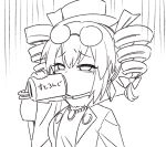  1girl bangle bow bracelet can coat disgust dress drill_hair drinking earrings eyewear_on_head hat hat_bow high_collar jeno jewelry monochrome necklace pendant ribbon round_eyewear short_hair solo sunglasses top_hat touhou translated twin_drills yorigami_jo&#039;on 