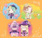  3boys :q alternate_costume avery_(pokemon) blonde_hair blue_eyes brown_hair burgh_(pokemon) chibi closed_mouth combee commentary_request crown fang fang_out finger_frame galarian_slowking glasses green_eyes green_hair halloween hat highres long_hair long_sleeves luvdisc male_focus mini_crown multiple_boys one_eye_closed pokemon pokemon_(game) pokemon_bw pokemon_oras pokemon_swsh round_eyewear smile standing tongue tongue_out tudurimike wallace_(pokemon) witch_hat 