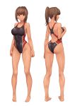  1girl absurdres bangs barefoot black_swimsuit breasts brown_eyes competition_swimsuit eyebrows_visible_through_hair from_behind full_body highleg highleg_swimsuit highres looking_at_viewer medium_breasts multiple_views one-piece_swimsuit original ponytail rebutsu red_swimsuit short_hair simple_background smile standing swimsuit tan two-tone_swimsuit white_background 