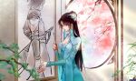  1girl absurdres battle_through_the_heavens black_hair blue_dress branch brush canvas_(object) cherry_blossoms dress hair_ornament highres long_hair painting window yun_yun_(battle_through_the_heavens) yun_yun_guan_bo 