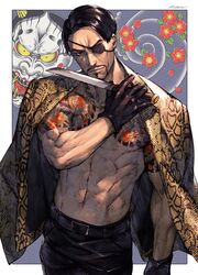  1boy animal_print belt black_belt black_gloves black_hair black_pants eyepatch facial_hair flower_tattoo gloves goatee highres holding holding_knife jacket jacket_on_shoulders knife kotatsu_(g-rough) leopard_print looking_at_viewer majima_gorou male_focus mask muscular muscular_male navel one_eye_covered oni_mask pants ryuu_ga_gotoku ryuu_ga_gotoku_1 short_sword smile solo sword tantou tattoo weapon 