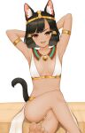  1girl :d absurdres animal_ears armlet armpits arms_behind_head arms_up bangs barefoot bell black_hair black_tail blunt_bangs blush bob_cut breasts brown_eyes cat_ears cat_girl cat_tail collar collarbone crossed_legs dated_commentary egyptian_clothes eyebrows_visible_through_hair eyeshadow fang hair_tubes headpiece highres jingle_bell looking_at_viewer makeup neck_bell open_mouth original parted_bangs short_hair sidelocks sitting small_breasts smile stone tail tail_raised tongue tongue_out usekh_collar yagih 