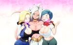  3girls absurdres android_18 android_21 black_tube_top blonde_hair blue_hair blush breasts bulma closed_mouth collarbone colored_skin dragon_ball dragon_ball_fighterz dragon_ball_z eyebrows_visible_through_hair highres hypnosis large_breasts ledy long_hair looking_at_another midriff mind_control multiple_girls navel pants pink_eyes pink_skin shiny shiny_skin shirt simple_background sparkle_background strapless tail tongue tongue_out tube_top white_hair white_shirt 
