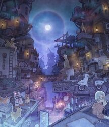  2boys 2girls 3boys dog full_moon junpei_(juntonanotukunanika) ladder lantern moon multiple_boys multiple_girls night night_sky original robot scenery shiba_inu sky 