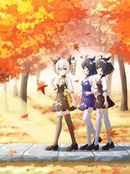  3girls :d absurdres autumn_leaves bangs blue_dress blue_hair bronya_zaychik broseele brown_dress brown_legwear closed_eyes closed_mouth doll dress drill_hair dual_persona floor full_body grass grey_eyes grey_hair hair_between_eyes hair_ornament hair_ribbon highres holding_hands homu_(honkai_impact) honkai_(series) honkai_impact_3rd multiple_girls outdoors pinafore_dress red_eyes redhead ribbon seele_(alter_ego) seele_vollerei shirt short_hair sleeves_past_elbows smile thigh-highs tile_floor tiles tree twin_drills white_legwear white_shirt 