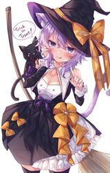  1girl :q animal_ear_fluff animal_ears bangs bare_shoulders black_cat black_dress black_headwear blush bow breasts broom cat cat_ears cat_girl cat_tail commentary dress eyebrows_visible_through_hair hair_between_eyes hand_on_own_cheek hand_on_own_face hat hat_bow highres hololive long_sleeves medium_breasts nail_polish nekomata_okayu orange_bow purple_hair purple_nails shirt simple_background solo sorashima_(117) symbol-only_commentary tail tail_raised thigh-highs tongue tongue_out trick_or_treat violet_eyes virtual_youtuber white_background white_shirt witch_hat 