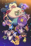  absurdres brown_eyes budew claws closed_eyes commentary croagunk doughnut dragapult dreepy drifblim drifloon fangs fire flame food food_on_face gastly hat hatted_pokemon highres holding indeedee jack-o&#039;-lantern litwick morpeko morpeko_(hangry) no_humans nullma one_eye_closed open_mouth pikachu piplup pokemon pokemon_(creature) pumpkaboo scorbunny smile snorlax tongue top_hat toxel wurmple yellow_eyes 