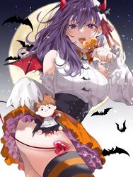  1girl animal_print ass bare_shoulders bat bat_print bat_wings breasts candy character_doll corset demon_girl demon_horns demon_tail demon_wings detached_sleeves doll emiya_shirou fate/stay_night fate_(series) food frilled_skirt frills full_moon halloween halloween_costume highres horns jack-o&#039;-lantern lollipop looking_at_viewer matou_sakura moon open_mouth outdoors pumpkin purple_hair shimatori_(sanyyyy) shirt skirt solo striped striped_legwear sucking tail thigh-highs thighs toy violet_eyes white_shirt wings 