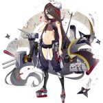  1girl armor black_hair black_shorts black_surge_night blood blood_in_hair blue_eyes burnt chaps flat_chest fox_mask full_body holding holding_sword holding_weapon japanese_clothes long_hair luode_huayuan mask mask_on_head midriff navel official_art oyashio_(black_surge_night) parted_lips rigging scroll short_shorts shorts shuriken smoke solo sword torn_clothes very_long_hair weapon 