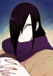  1boy bangs black_hair brown_coat casual closed_mouth coat coffee_cup cup disposable_cup facepaint hair_over_one_eye holding holding_cup looking_at_viewer naruto naruto_(series) night night_sky ninja orochimaru_(naruto) pale_skin purple_nails purple_neckwear scarf sky smile solo yazakc yellow_eyes 