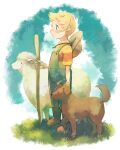  1boy blonde_hair blue_eyes boney brown_fur dog grass hat highres looking_to_the_side lucas_(mother_3) mother_(game) mother_3 overalls profile sheep shifumame shirt short_hair straw_hat striped striped_shirt 