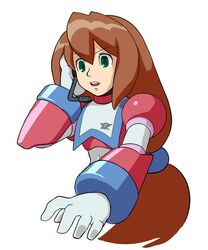  1girl android brown_hair gloves green_eyes hair_between_eyes headset iris_(mega_man) long_hair low-tied_long_hair mega_man_(series) mega_man_x_(series) muu_(mumumer) open_mouth ponytail simple_background solo very_long_hair white_background white_gloves 
