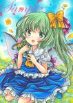  1girl :d ascot blue_skirt blue_sky blue_vest blush bow brooch daiyousei eyebrows_visible_through_hair fairy_wings flower frilled_shirt_collar frilled_skirt frilled_sleeves frills grass green_eyes green_hair hair_bow holding holding_flower jewelry long_hair looking_at_viewer marker_(medium) open_mouth outdoors pink_flower puffy_short_sleeves puffy_sleeves purple_brooch rui_(sugar3) sample short_sleeves side_ponytail sitting skirt skirt_set sky smile solo touhou traditional_media vest wariza wings yellow_ascot yellow_bow yellow_flower 