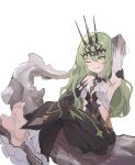  1girl :3 absurdres arm_behind_back armpits asymmetrical_gloves bangs bare_shoulders barefoot black_dress black_gloves closed_mouth crossed_legs crown dress full_body gloves green_eyes green_hair hair_between_eyes highres honkai_(series) honkai_impact_3rd long_hair mismatched_gloves mobius_(honkai_impact) one_eye_closed simple_background single_sleeve siyecao_(uumix7e) sleeveless sleeveless_dress soles solo toes white_background 