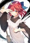  1girl apron arm_up bangs black_kimono blue_bow bow broom brown_eyes commentary_request eyebrows_visible_through_hair frilled_apron frills gurasion_(gurasion) hair_between_eyes hair_bow japanese_clothes kimono kohaku_(tsukihime) long_hair long_sleeves looking_at_viewer redhead solo tsukihime v_over_eye wa_maid white_apron white_background wide_sleeves 