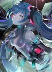  1girl absurdres asagon007 bangs bare_shoulders blue_hair closed_mouth commentary_request dark glitch green_eyes hair_ornament hatsune_miku highres long_hair looking_at_viewer multicolored_hair number_tattoo smile solo tattoo twintails upper_body very_long_hair vocaloid 