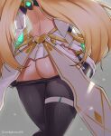  1girl artist_name ass back blonde_hair clothes_pull condylonucla dress english_commentary from_behind gloves gold_trim grey_background head_out_of_frame highres long_hair microskirt mythra_(xenoblade) pantyhose pantyhose_pull shadow shiny shiny_skin skindentation skirt solo sparkle thighs undressing white_dress xenoblade_chronicles_(series) xenoblade_chronicles_2 