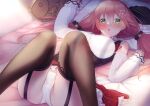  1girl :o ahoge alternate_costume bed blush garter_belt garter_straps green_eyes hair_ornament hairclip highres hololive ichi-go long_hair long_sleeves looking_at_viewer lying official_alternate_costume pillow pink_hair sakura_miko virtual_youtuber 