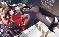  1girl :o animal_ear_fluff animal_ears azur_lane balloon bell black_footwear black_hair black_legwear box breasts cat_ears cat_tail commentary_request dress dutch_angle eyebrows_visible_through_hair fang fireworks floral_print flower gift gift_box hair_flower hair_ornament heart_balloon high_heels highres jingle_bell large_breasts looking_at_viewer mismatched_eyebrows night red_dress red_eyes short_hair sitting skin_fang sky solo tail tail_bell tail_ornament yamaha_tsui yamashiro_(azur_lane) yamashiro_(dressy_black_cat)_(azur_lane) 