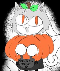  1girl blonde_hair cat_ears cat_tail catgirl chibi food_themed_clothes halloween jack-o&amp;#039;-lantern nekoarc pumpkin pumpkin_costume pumpkin_pants smile type 