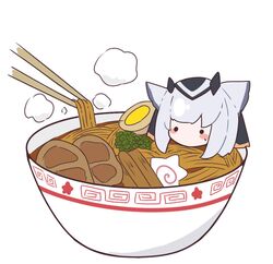  1girl arknights bangs bowl chopsticks egg english_commentary food kamaboko kurotofu meat narutomaki noodles owl_ears owl_girl ptilopsis_(arknights) ramen short_hair simple_background solid_circle_eyes solo white_background white_hair 